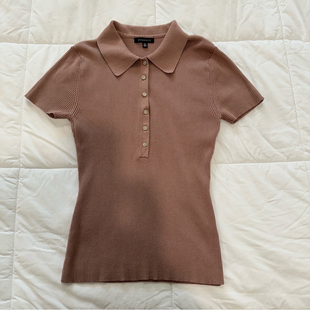 Dynamite Ribbed Knit Polo Top, Short Sleeve, Muted Pink, Size Small Women’s